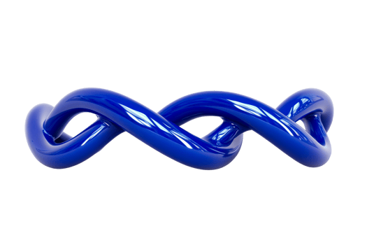 Reflective abstract blue twisted tube shape on black backdrop, cut out transparent png