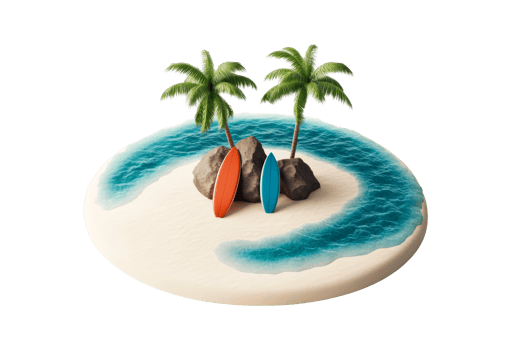Exotic island with palms, surfboards on rocks, idyllic scenery, cut out transparent png