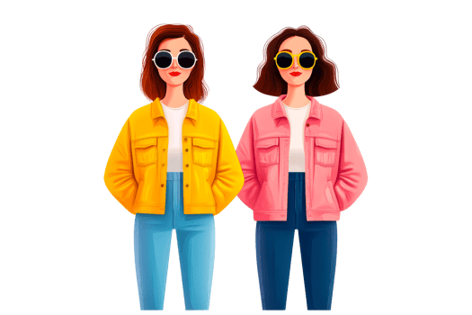 Two fashionable women in stylish jackets, cartoon style, cut out transparent png