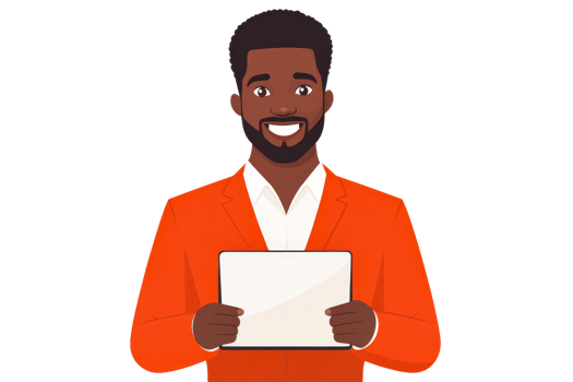 Man with Tablet Device, Orange Jacket, Smiling Confidently, cut out transparent png