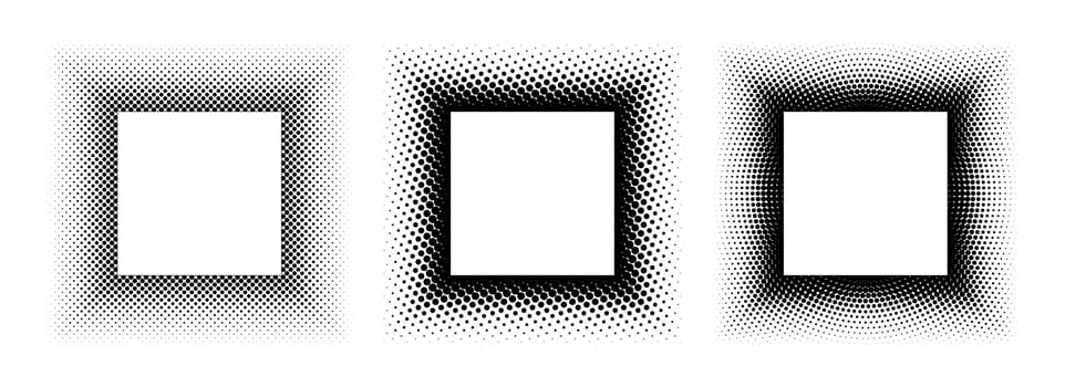 Black halftone square frame set. Dotted gradient border collection. Pop art comic dot picture holder design for banner template, emblem, poster, box, copy space. Rasterized framing element pack vector
