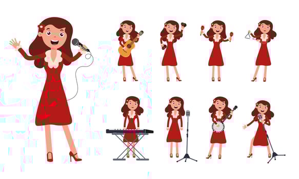 Female musician performing multiple instruments in a vibrant cartoon illustration vector