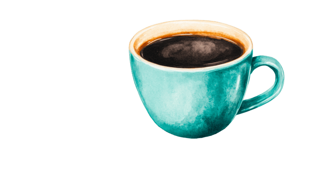 Turquoise coffee mug with dark coffee, transparent background, cut out transparent png