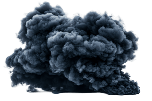 Detailed view dark smoke cloud effect, natural explosion, cut out transparent png