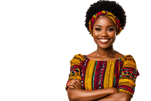 Smiling woman with colorful headdress and ethnic dress, cut out transparent png