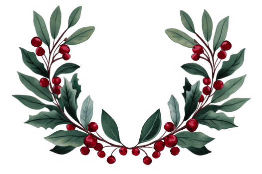 Winter holiday wreath with green leaves and red berries, cut out transparent png
