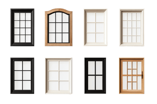 Eight window frames in various styles and materials, cut out transparent png