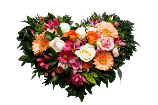 Heart shaped floral bouquet featuring roses, gerberas, leaves, cut out transparent png