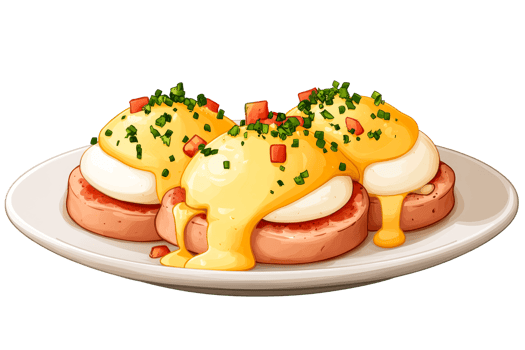 Cartoon Eggs Benedict with Hollandaise Sauce and Chives, cut out transparent png