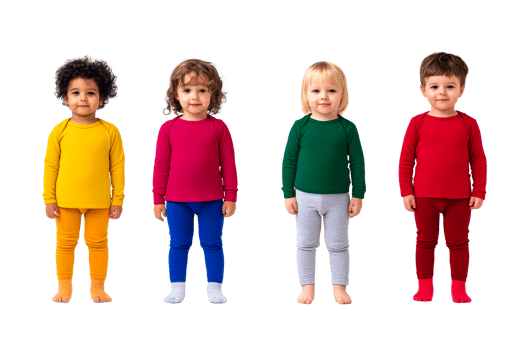 Four charming toddlers in colored clothes, posing studio, cut out transparent png
