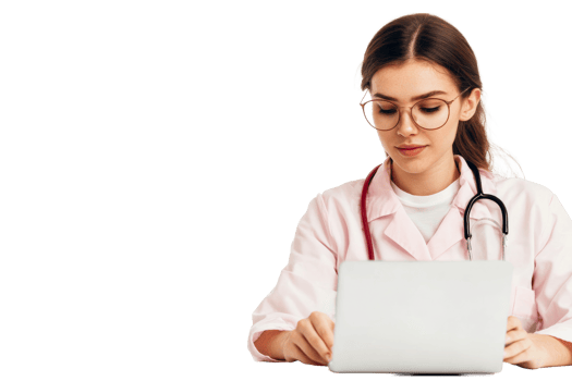 Young doctor using a laptop, cut out transparent png