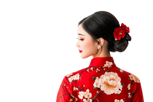 Asian woman in red dress, Chinese traditional bun hairstyle, cut out transparent png