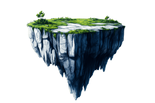 Floating island with green grass and trees isolated, cut out transparent png