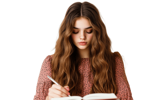 Young woman writing in notebook, long hair, thoughtful expression, cut out transparent png