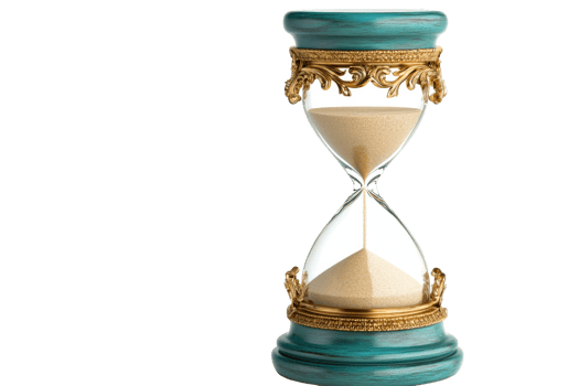 Hourglass of time, ornate design, aqua and gold colors, cut out transparent png