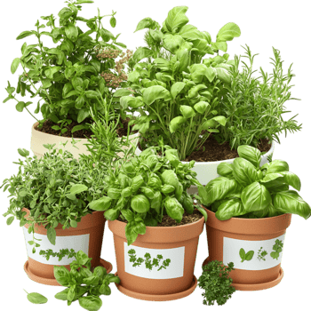 Small herb garden multiple potted plants png