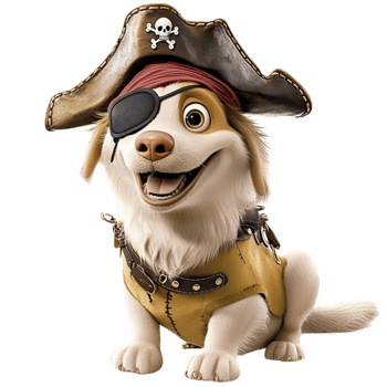 Playful dog dressed as a pirate a hat eye patch png
