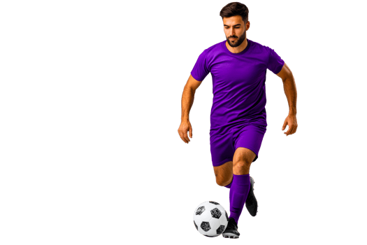 Man in purple soccer uniform kicking ball, action shot, cut out transparent png