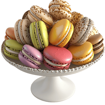 Elegant glass tray filled colorful macarons stacked neatly png