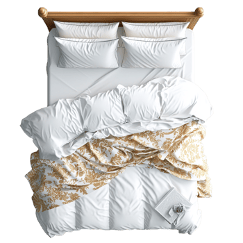 Cozy white bed soft pillows fluffy blankets png