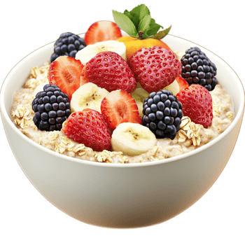 Fresh banana slices mixed berries on top of creamy yogurt png