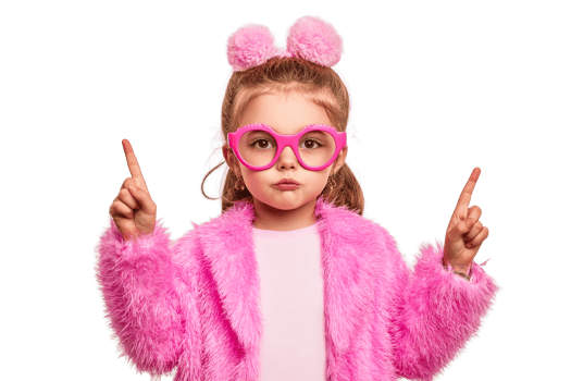 Girl in pink fur coat pointing fingers up, cut out transparent png