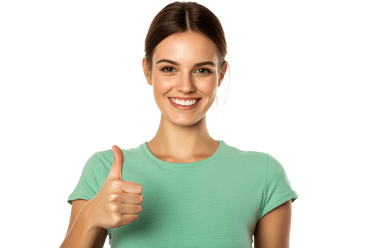 Young woman gives thumbs up, portrait, green t-shirt, smiling, cut out transparent png