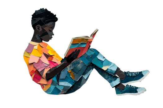 Boy reads book sitting legs crossed, collage illustration, cut out transparent png