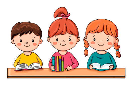 Three cartoon students reading at desk, education scene, cut out transparent png