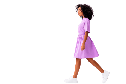 Woman in lavender dress walking with sneakers, cut out transparent png