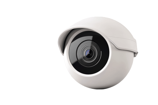 White security camera on black backdrop, cut out transparent png