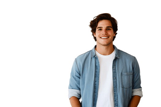 Smiling man in denim shirt looking forward, cut out transparent png