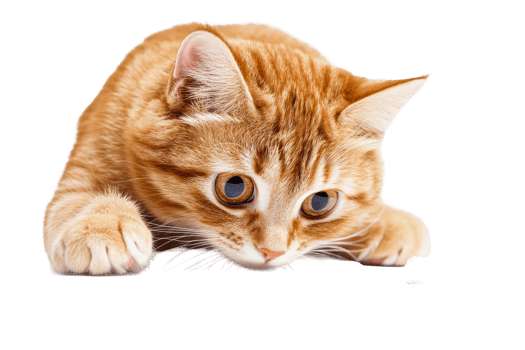 Ginger tabby cat looking intently at kibble, cute pet, cut out transparent png