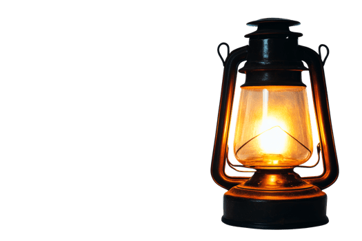 Old fashioned lantern, illuminated with warm light, cut out transparent png