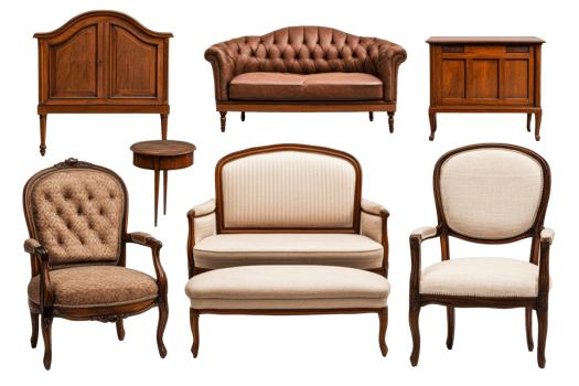 Elegant antique furniture collection isolated on black background, cut out transparent png