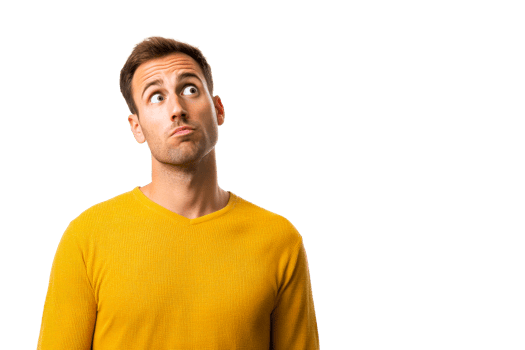 Doubtful man looking up, wearing yellow sweater, cut out transparent png