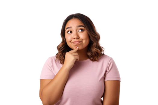 Young woman thinking, contemplating in pink shirt, isolated, cut out transparent png