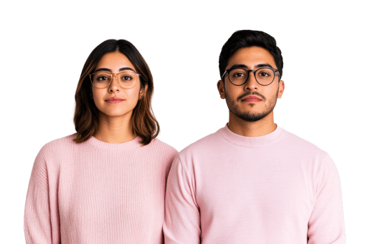 Young woman and man wearing glasses looking at camera, cut out transparent png