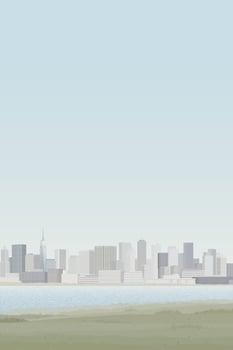 Minimalist cityscape view from lakeside have skyscrapers far away and blue sky vertical background graphic illustration. vector