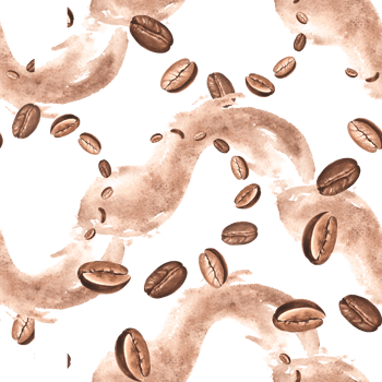 Roasted coffee beans and paint splashes. Seamless pattern. Watercolor hand drawn illustration. Ingredient for aromatic hot drink. Template for food design, wallpaper, textile, packaging. png