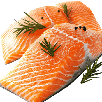 Fresh salmon fillets garnished herbs placed on a white plate png