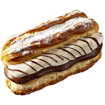 Delicious chocolate eclair cream filling white drizzle topping png