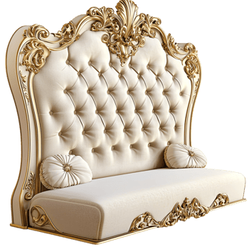 Ornate royal white gold bed tufted headboard details png