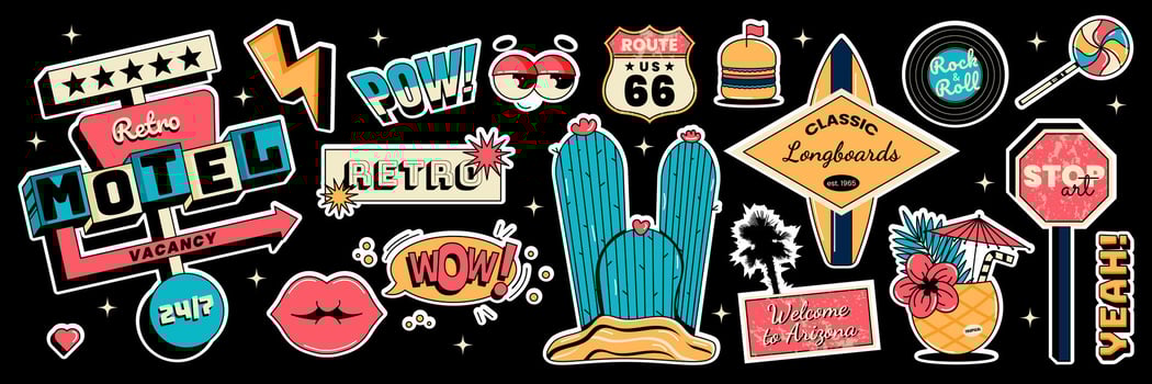 Summer party or vacation sticker set isolated on black background. Motel sign, surfboard, cactus, cocktail, lips, road stop sign and more. illustration vector