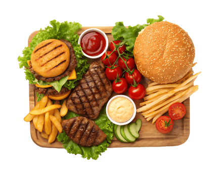 Delicious burger, steak, fries, and fresh vegetables. png