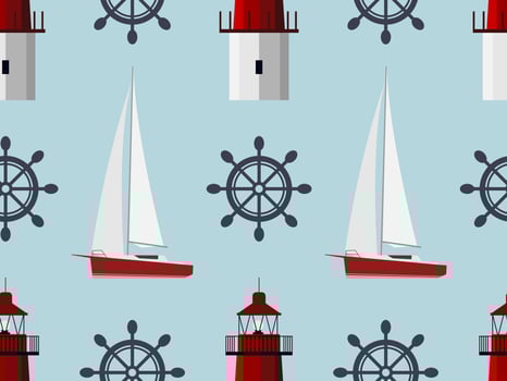 Seamless nautical pattern with sailboats, lighthouses and steering wheels. vector