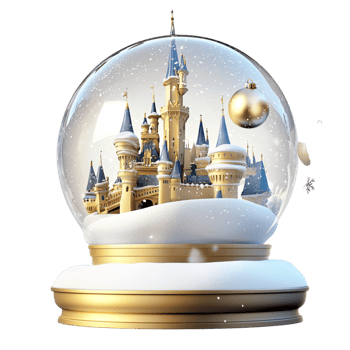 Beautiful glass snow globe featuring a fairytale castle golden details png