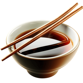 Traditional white ceramic bowl filled soy sauce accompanied by wooden chopsticks represents cultural dining authentic Asian cuisine. png