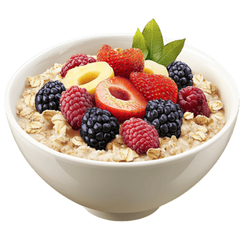 Nutritious oatmeal bowl topped mixed berries represents balanced morning meals, wellness, a great source of energy. png