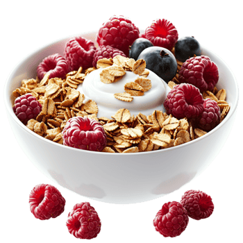 Crunchy granola cereal mixed blueberries raspberries in a white bowl represents a wholesome nutritious breakfast. png